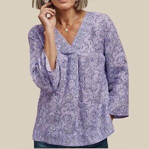 J. Jill Love Linen Purple Paisley Boho Popover Blouse Border Print Boxy SZ Med